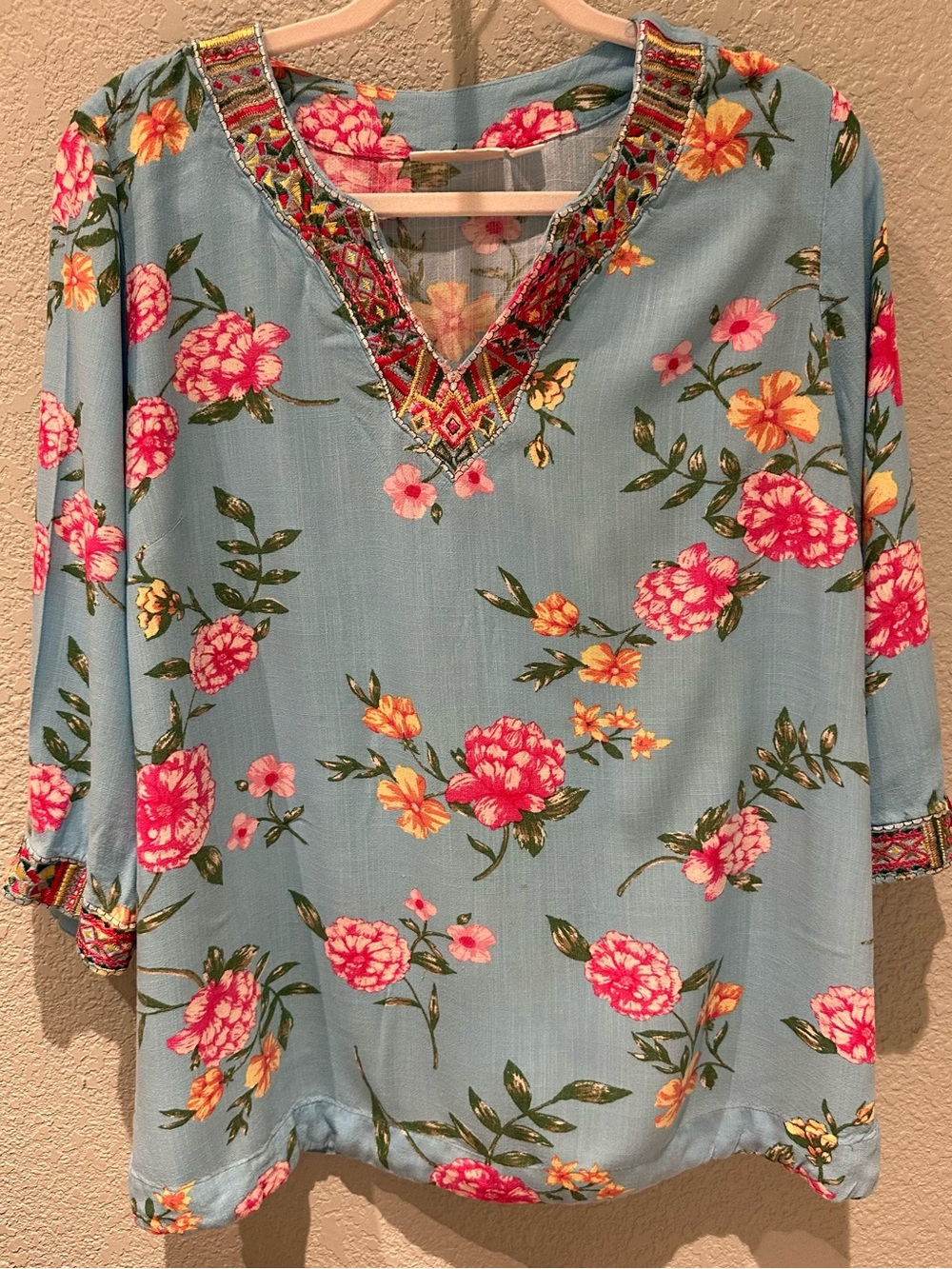 Belle by Kim Gravel Blue Floral Embroidered V-Neck Tunic